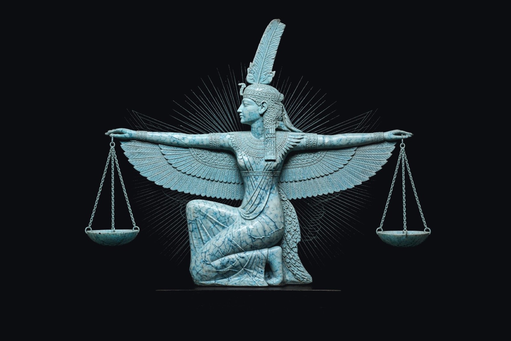 A turquoise statue of Maat, kneeling with outstretched wings and a feather on her head, holding a balance in each hand.