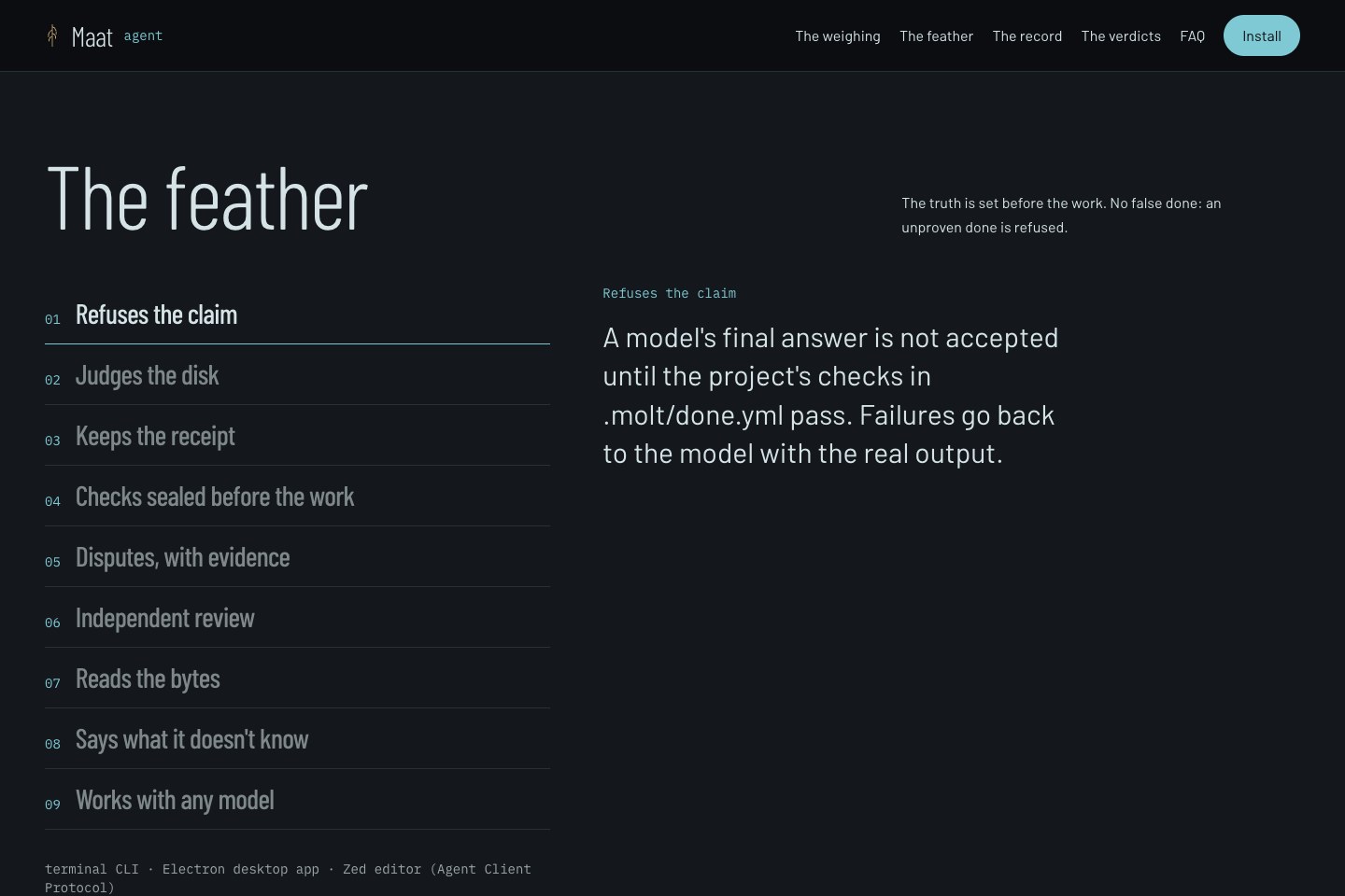 The feather section of the Maat Agent page: nine guarantees, starting with refusing an unproven claim of done.